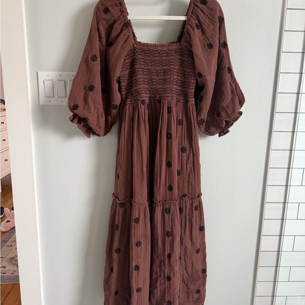 Free People Brown Long Sleeve Dress with Black Floral Accents
